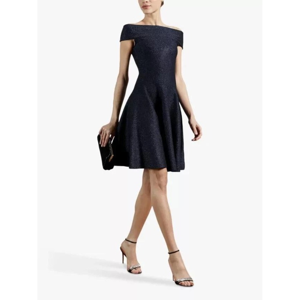 Ted Baker London Shelbiy Navy Blue Metallic Off Shoulder Skater Dress US 8